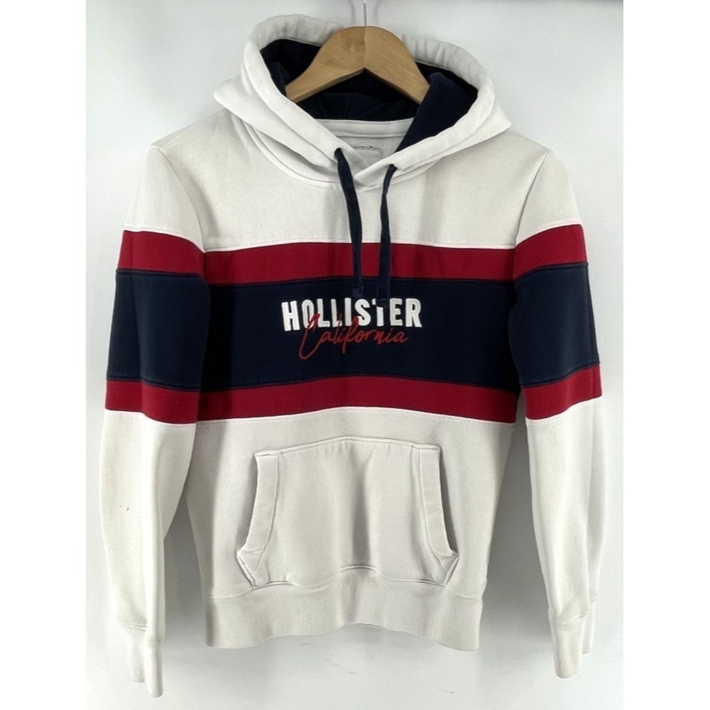 Hollister Hoodie Sweatshirt Men S White Red Blue Stripe Spell Out Logo FLAW